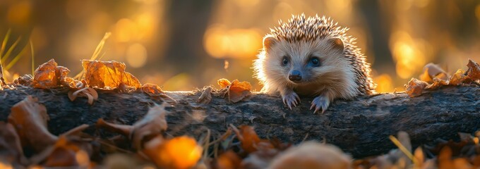 Obraz premium Adorable Hedgehog in Autumn Forest with Fallen Leaves at Sunset 