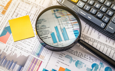 Obraz premium Lente di ingrandimento con calcolatrice. Finanza. Calcoli. Investimenti