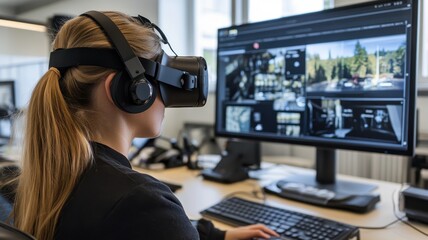 Person using virtual reality headset at computer, focused on digital display