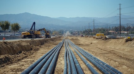 Construction Site with Large Underground Pipeline Installation in Progress