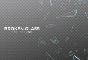 3d realistic vector icon. Broken glass, cracked hole with broken pieces with flying around cracks. Isolated on transparent background.