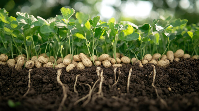 A close up of a field of peanuts. The peanuts are scattered throughout the dirt and the roots of the plants are visible