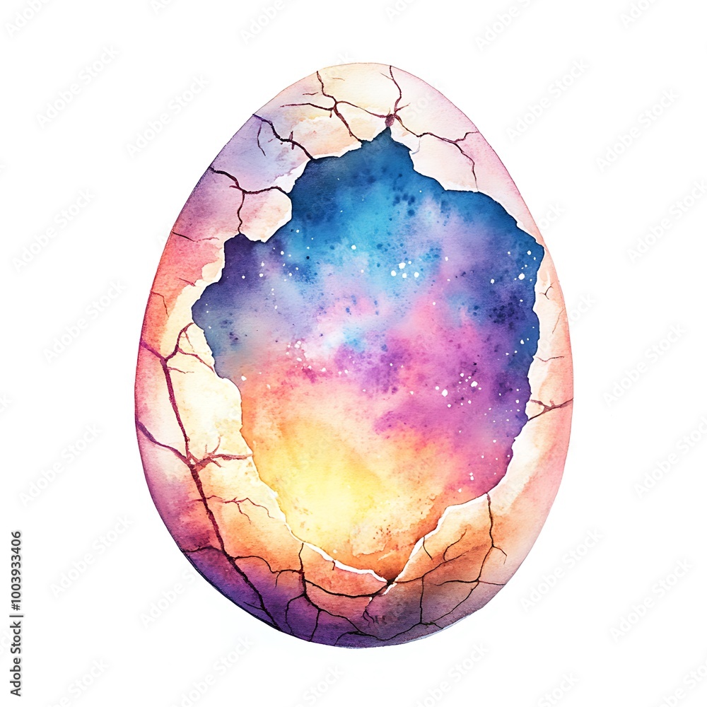 Wall mural Watercolor Painting of a Cracked Egg Revealing a Galaxy Inside.