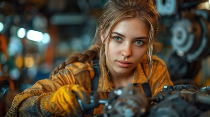 Obraz premium A female auto mechanic expertly using a power tool to fix a car, breaking gender stereotypes in the industry