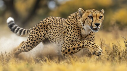 Cheetah running at full speed through grassy savannah, powerful predator in action, wildlife in natural habitat 