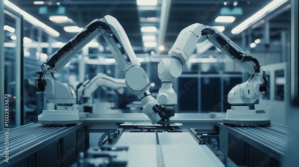 Poster robotic arms collaborate in an automated factory setting, highlighting advanced manufacturing techno