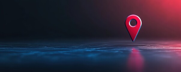 Fototapeta premium Red location marker on dark reflective background, symbolizing navigation and mapping.