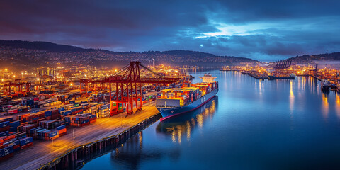 Fototapeta premium Industrial Sunset: Vibrant Port with Cargo Containers