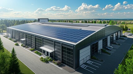 Modern industrial warehouse with solar panels on the roof, sustainable energy and eco-friendly logistics concept
