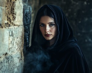 A gothic portrait of a mysterious woman in a dark velvet cloak, her eyes piercing through the mist, with a dimly lit stone wall in the background