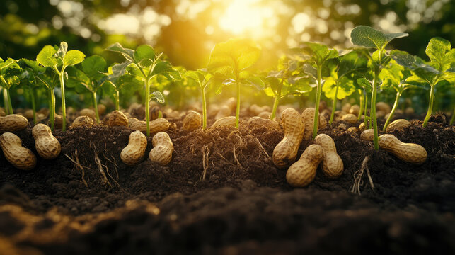 A field of peanuts is growing in the dirt. The peanuts are small and scattered throughout the field. The dirt is brown and the sun is shining brightly