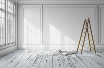 Empty room under renovation with wooden ladder, sunlight, and tarp on floor, bright interior with large windows and classic wall molding
