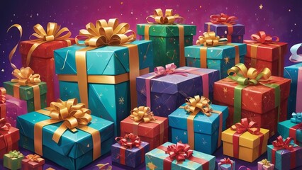 Colorful wrapped gift boxes with ribbon lying on purple background