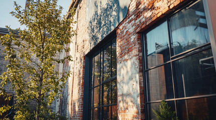 An industrial style facade with exposed brick and steel