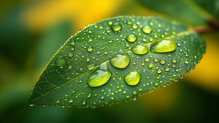 Close-up of green leaf with water droplets, vibrant macro photography of fresh leaf and raindrops in nature
