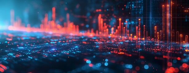 Obraz premium Futuristic financial chart with glowing red and blue lights, abstract stock market data visualization and analytics concept 