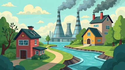 Naklejka premium Contrasting Landscapes of Industry and Suburban Homes
