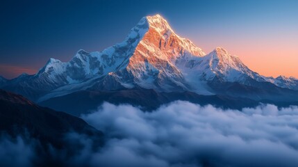 Majestic snow-covered mountain peak at sunrise above the clouds, breathtaking alpine landscape with dramatic lighting
