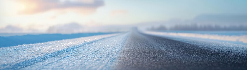 Snowy road landscape with a beautiful sky in the background, evoking a sense of winter travel.