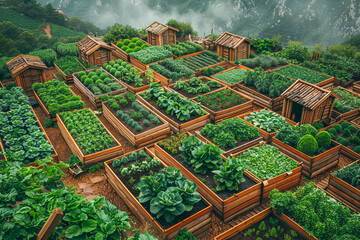 Community garden thriving in the city center with lush vegetables growing