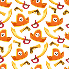 Fototapeta premium Pirate vector seamless pattern. The pirate sword, hat, pirate revolver on a white background. Cute childish decorative nautical cartoon design. Hand drawn fabric design or package paper.