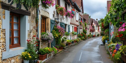 Fototapeta premium Village Houses: Traditional European village houses with flower boxes and gardens