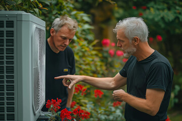 Two men inspecting an outdoor heat pump unit, discussing energy-efficient home heating in a garden setting
