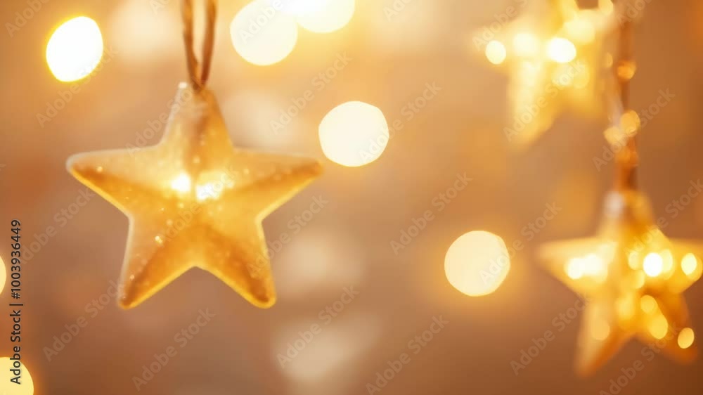 Poster festive string lights shaped as stars are glowing on a warm gold background with bokeh, creating a c