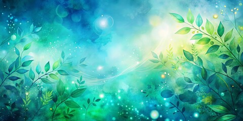 Abstract Watercolor Illustration of a Serene Garden with Lush Green Foliage and a Dreamy, Whimsical Atmosphere