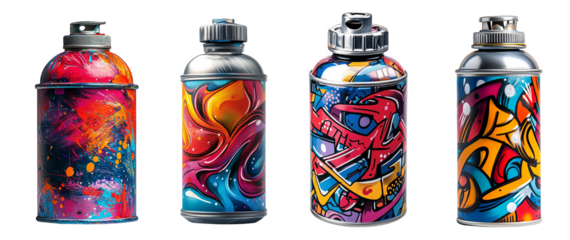 Colorful spray paint cans showcasing artistic designs vibrant street art transparent background
