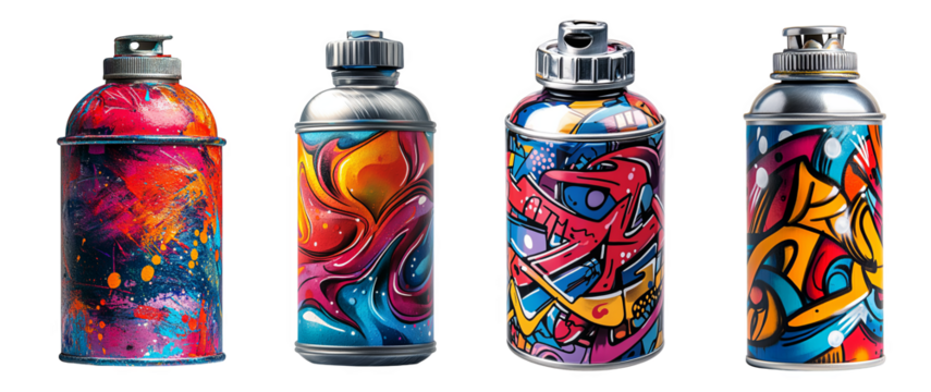 Colorful spray paint cans showcasing artistic designs vibrant street art transparent background - Powered by Adobe