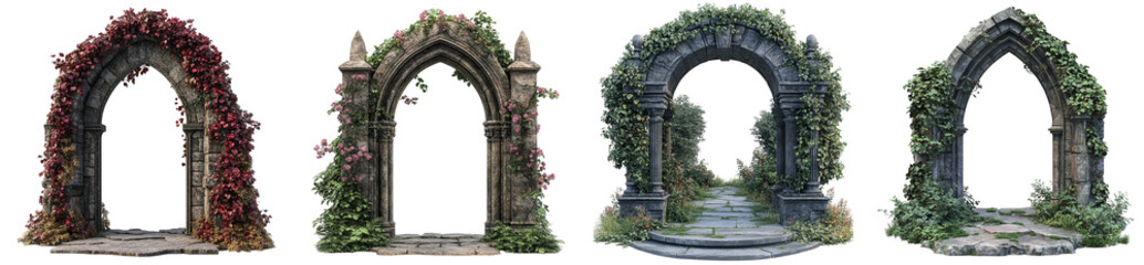 Ancient stone archways adorned with vibrant foliage creating enchanting scenery transparent background