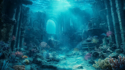 A mythical underwater city with mermaids swimming through coral reefs, sunken ships, and sea creatures glowing in the deep blue water