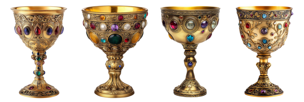 Vintage ornate golden chalices decorative glass gems transparent background
