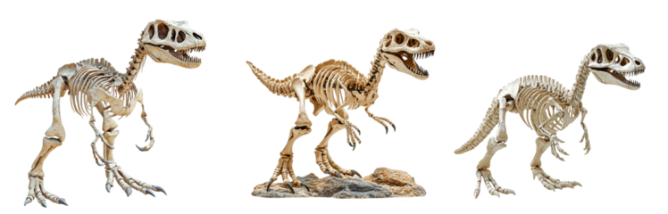 Dinosaur skeletons standing and posed for display transparent background