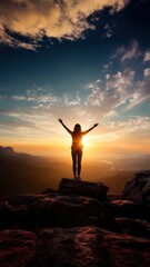 Fototapeta premium Carefree woman standing on the edge of mountain cliff.