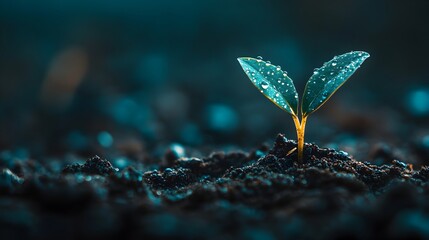 Sprouting Green Leaf Emerging from Soil in Dark Environment