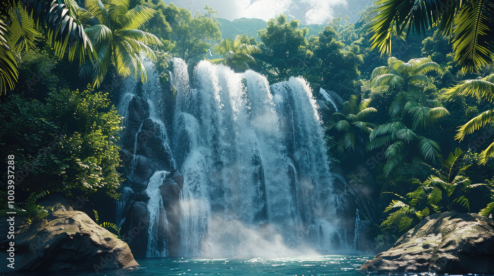 Poster beautiful waterfall in a island, surrounded by palm trees and greenery.