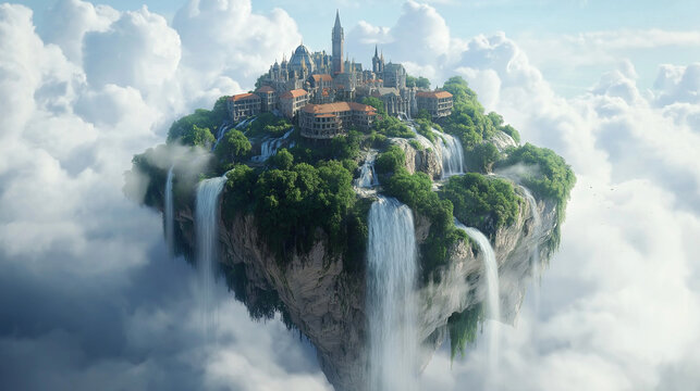 floating island in the sky, with waterfalls cascading off the edges, lush greenery, and a small village at its center, surrounded by fluffy clouds