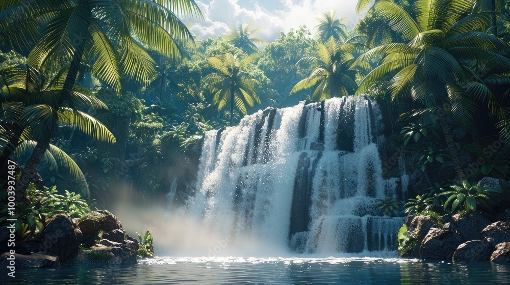 Poster beautiful waterfall in a island, surrounded by palm trees and greenery.