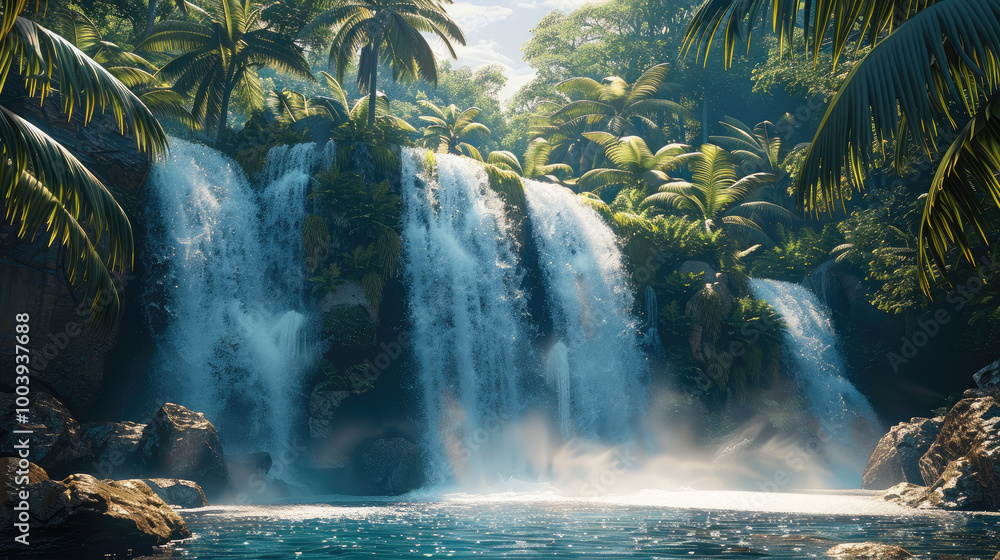 Poster beautiful waterfall in a island, surrounded by palm trees and greenery.