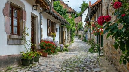 Fototapeta premium Village Street: A quiet, picturesque street in a European village