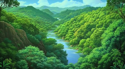 Lush green valley with a flowing river generated AI