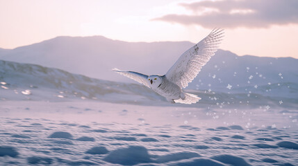 Fototapeta premium A snowy owl soaring over, with its wings spread wide, snowflakes swirling around, and a distant mountain range under a pale winter sky