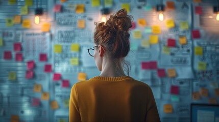 Obraz premium Marketing Team Brainstorming Campaign Ideas: In the creative space of the marketing department, a team collaborates on campaign strategies. The outlines of whiteboards and sticky notes cover the walls