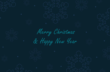 Merry Christmas and happy new year card with snowflake outline in blue background. festive pattern handwriting