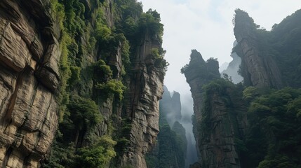 Fototapeta premium Misty canyon with steep rocky walls generated AI