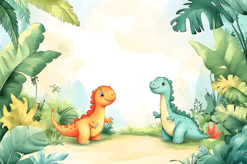 Cute cartoon dinosaur frame border on background in watercolor style. © john