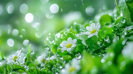 Delicate Daisy Blossoms Amid Lush Green Foliage on a Dewy Spring Morning