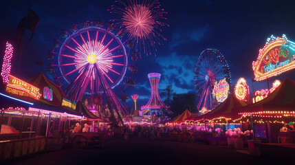 Obraz premium A vibrant carnival at night, with bright lights, Ferris wheels, colorful tents, and people enjoying games, cotton candy, and fireworks in the distance
